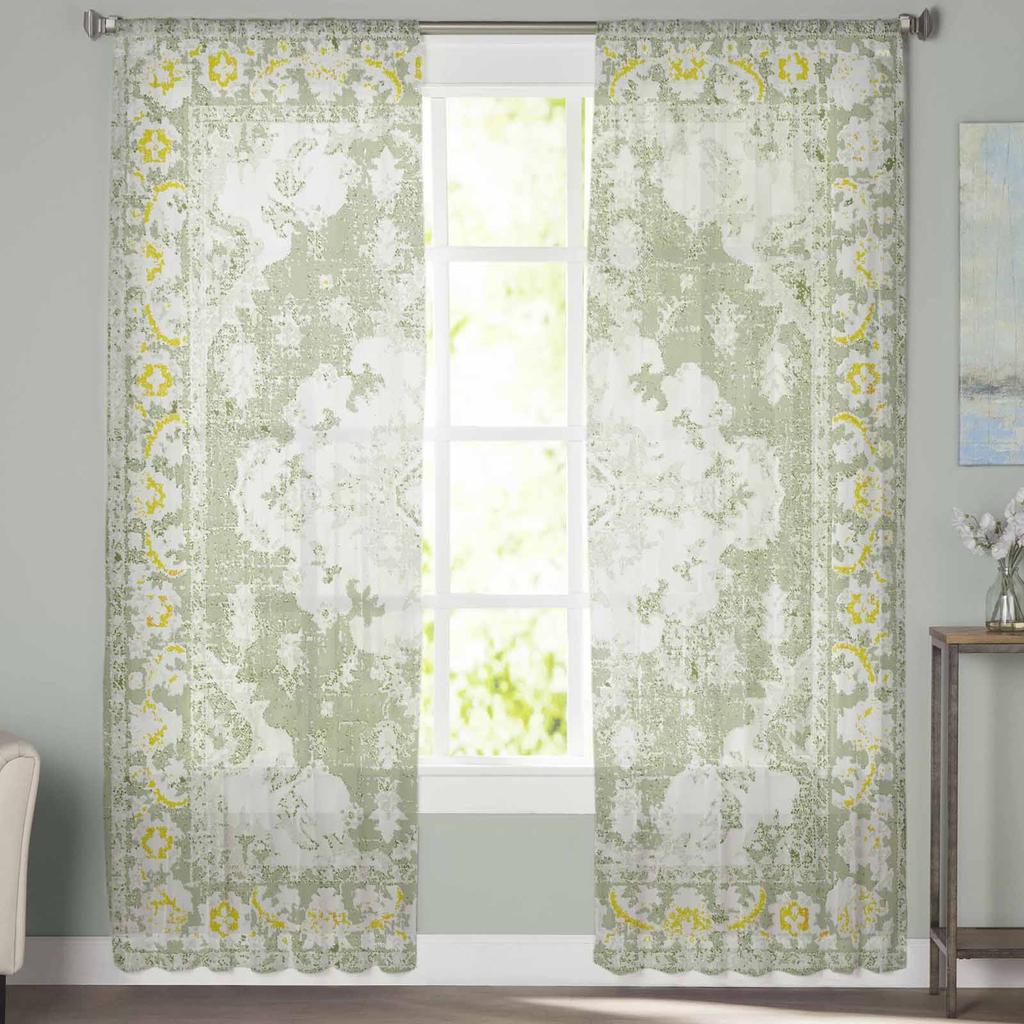 Geometric Ethnic Oriental Vintage Sage Green Sheer Curtains for Kids Bedroom Living Room Voile Window Curtains Tulle Drapes