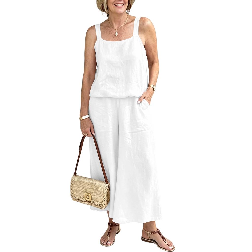 Women Linen Two Piece Set Sleeveless Tank Top Wide Leg Pants Casual Summer Outfit Lightweight Breathable Fabric
