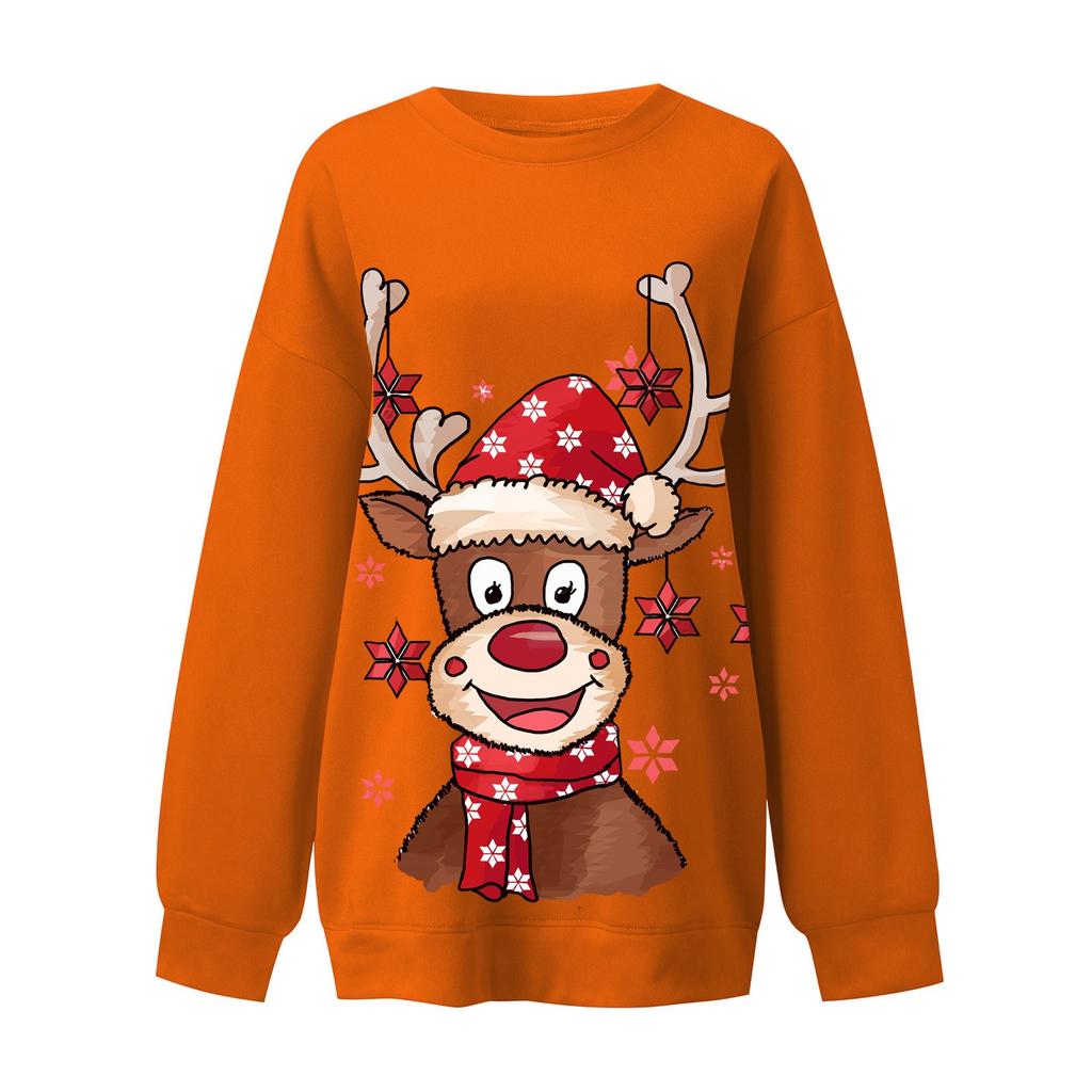 Topuri cu mâneci lungi, căptușite, cu gât rotund, pentru femei, Hanorac cu imprimeu drăguț de Elk de Crăciun