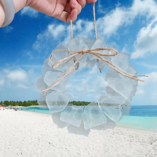 Sea Glass Wreath Handmade Coastal Style Beach Wreath 6 Inch Sea Glass Art Hanging Ornament for Door Window Kitchen Cabinet Chair Wall Home Decor