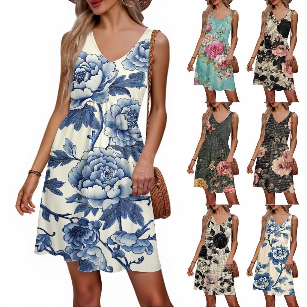 Women's Summer V-neck Casual Beach Vacation Style Retro Floral Print Sleeveless Patchwork Dress