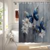 Minimalist Butterfly Curtain - Boho Style, Blue & Grey Flowers, Waterproof, 70In, Hooks Included, Washable Bath Decor