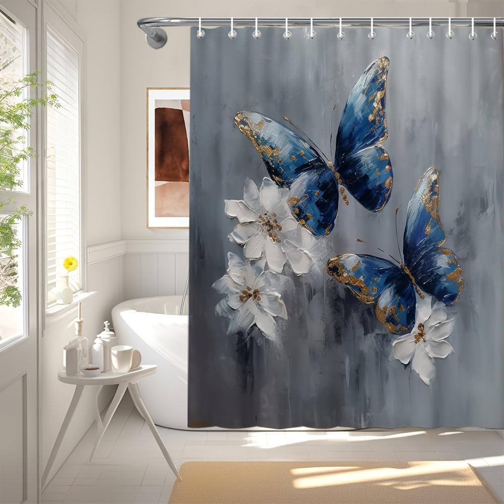 Minimalist Butterfly Curtain - Boho Style, Blue & Grey Flowers, Waterproof, 70In, Hooks Included, Washable Bath Decor