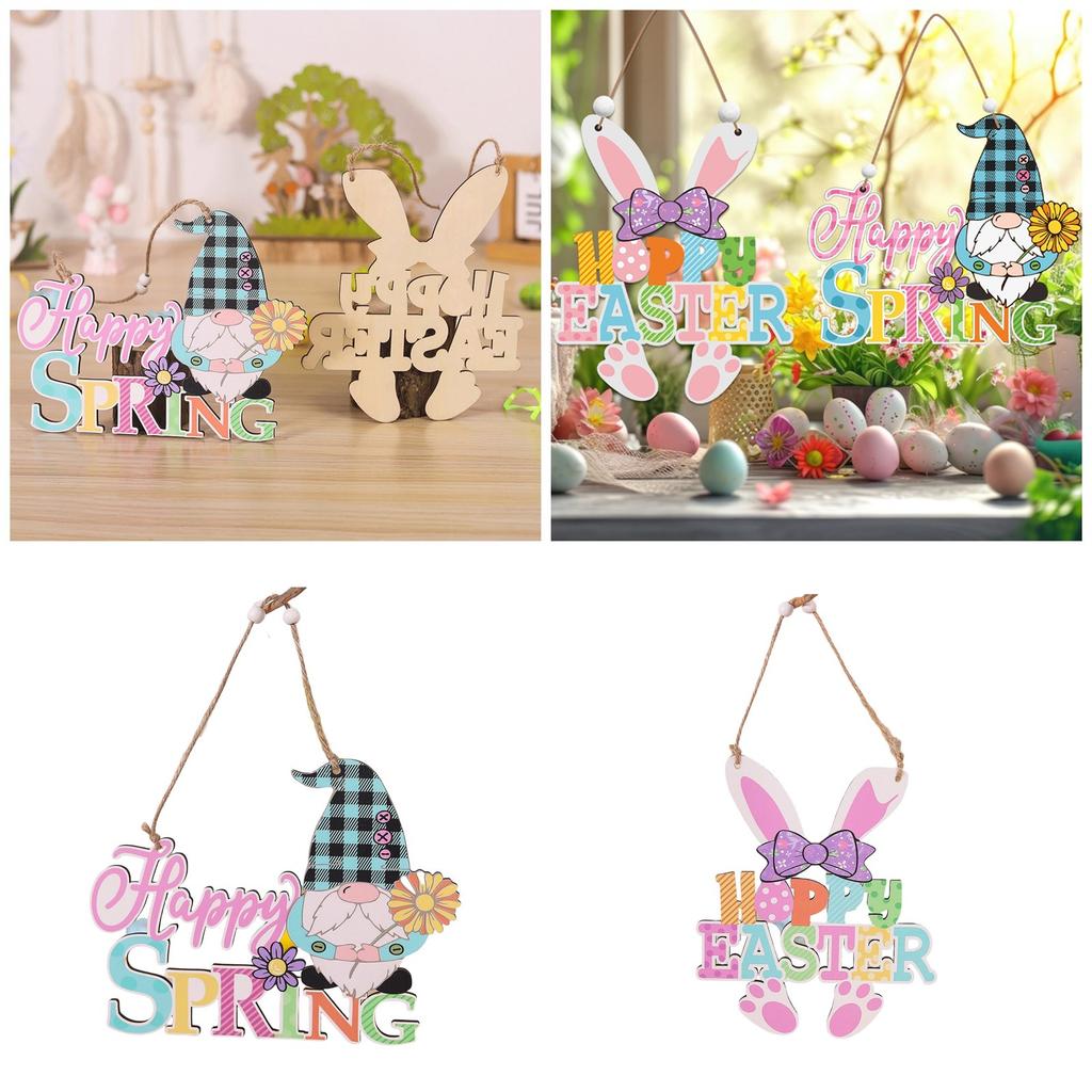 Easter Wooden Hanging Sign for Front Door Decor Happy Easter/Spring Sign Door Hanger Easter Wooden Wreath for Outdoor