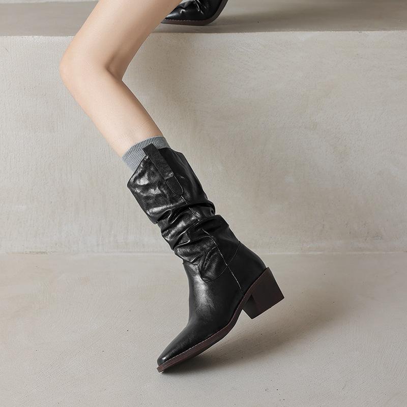 Maillard кожаные короткие ботинки женские но ботфорты ботинки на наборном каблуке ботинки средней высоты рыцарские ботинки толстый каблук ковбойские ботинки в западном стиле 42 чёрный 3900₽