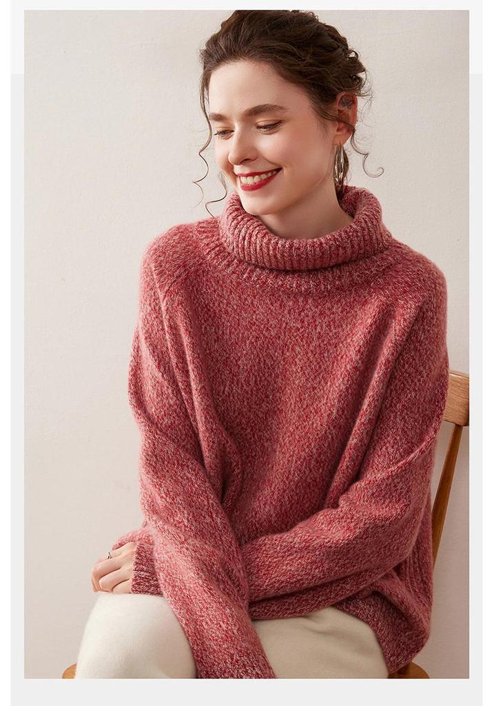 Autumn/Winter 2025 Women's Cashmere High Neck Loose Cardigan, Marled Yarn Knit, Plus Size.