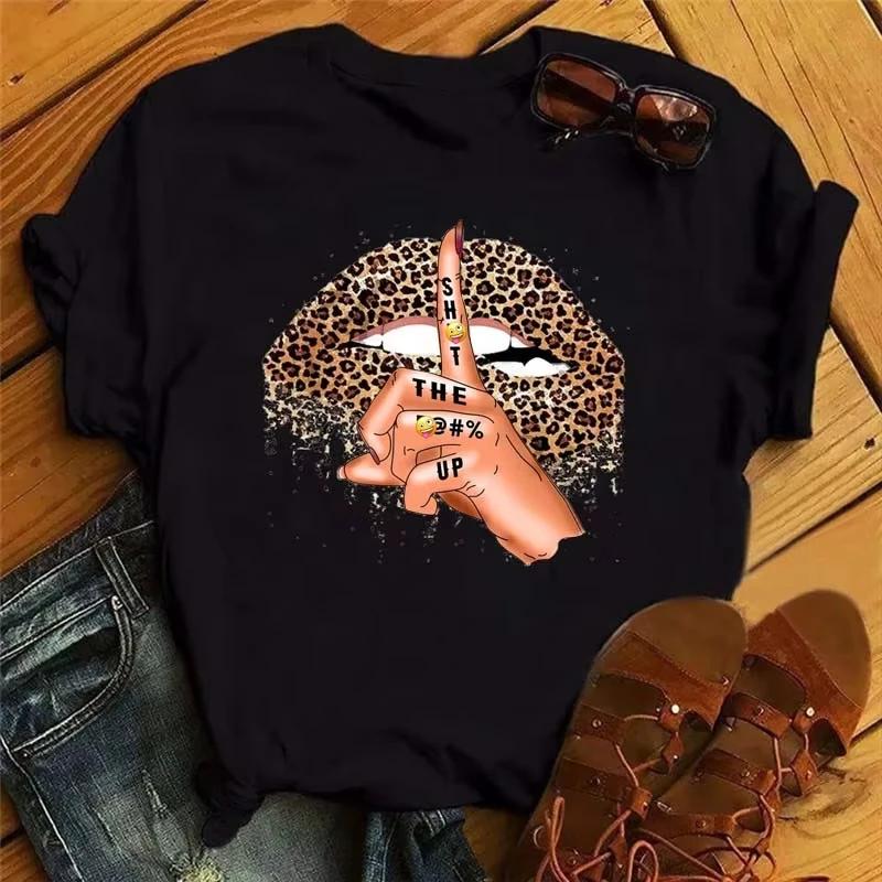 2025 Women Summer Short Sleeve Tshirts Fashion Red Lips Finger Print Ladies T-shirts Top Cartoon Womens Graphic Tees T-Shirts
