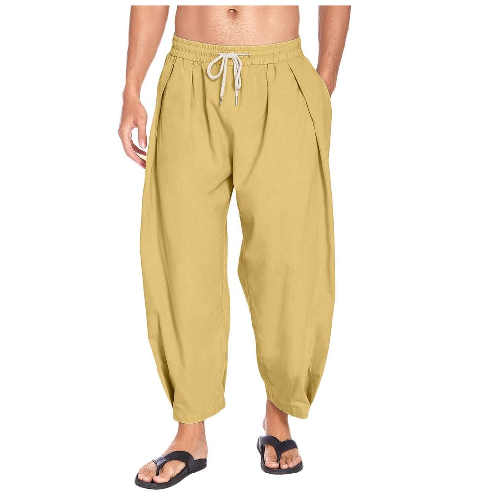 Men's Harlem Pants With Cotton And Hemp Drawstring Casual Loose Crop Belt Pocket