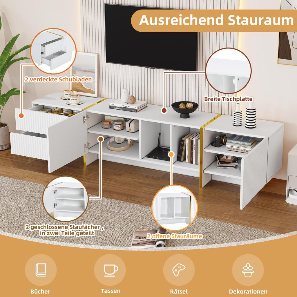 2 Türen, 2 Schubladen, 2 offene Fächer, TV-Regal Fernseher bis zu 80 Zoll, Moderner TV Board Lowboard Wohnzimmer, Esszimmer, Weiß, 190cm