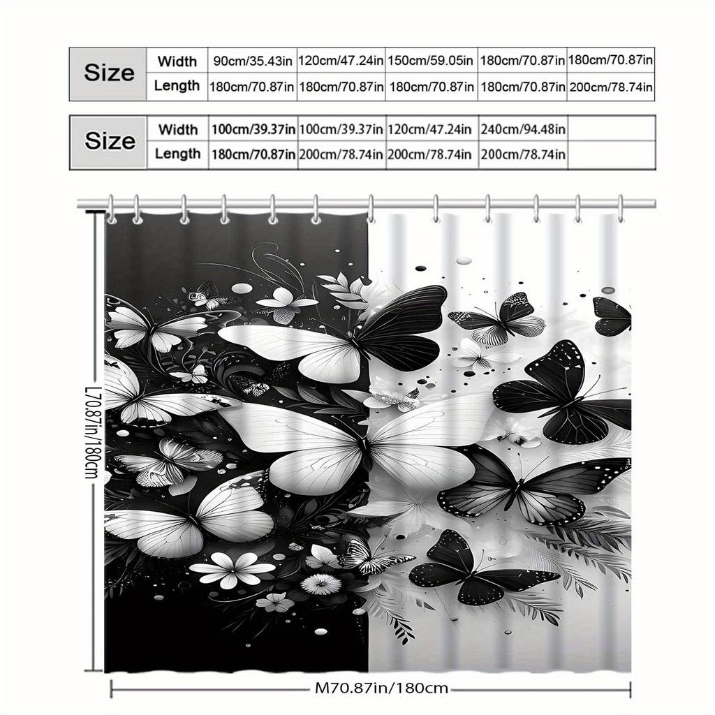 1Pc Black And White Butterfly And Floral Patterned Shower Curtain, Polyester Fabric, With Hooks, Suitable For Bathroom Dcor.