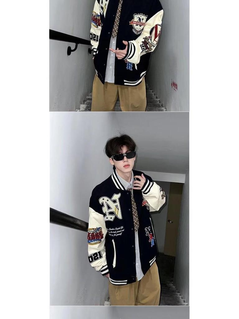 Unisex American Baseball Jacket Autumn/Winter - Trendy Embroidered Cotton Pilot Style, Thick Casual Loose Fit for Couples