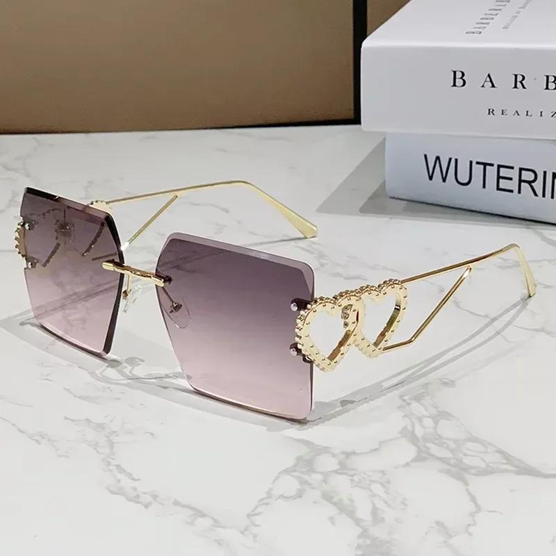 Women Rimless Sunglasses Siamese Lens Sun Glasse Anti-UV Spectacles Eyeglasses Personality Double Heart Temples Goggles