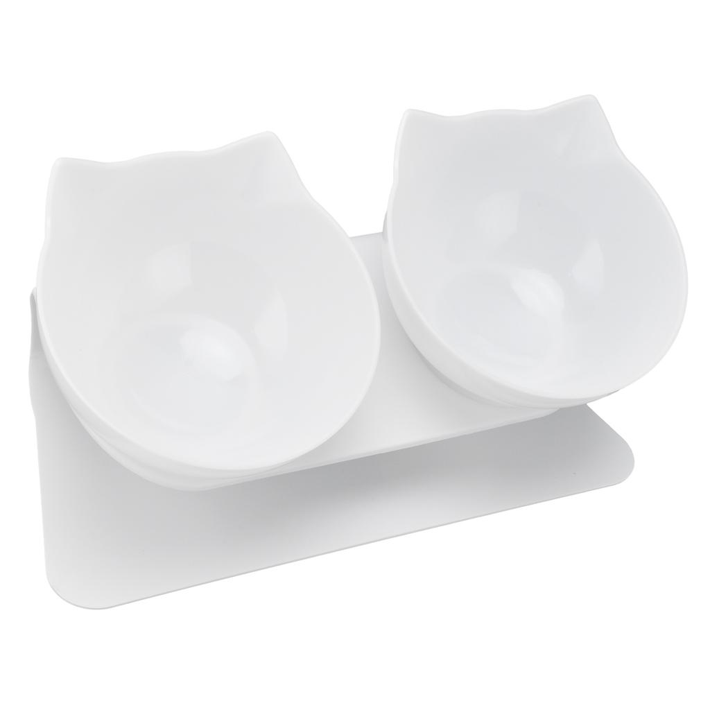 15 Degrees  Inclined Cat Double Bowl Neck Guard Pet Feeding Bowl for Home Pet Shop Living Room(White Base White Bowl )