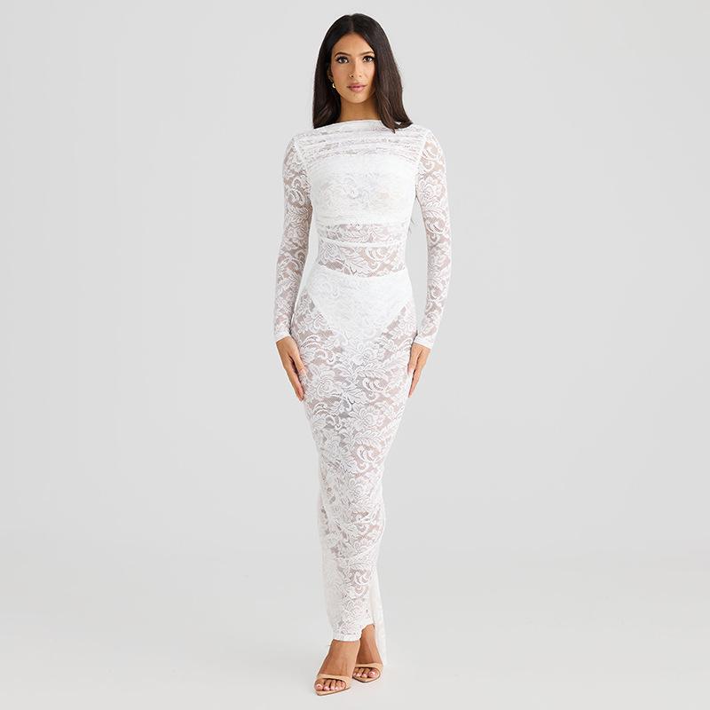 Backless Lace Floral Sheer Slimming Long Sleeve Street Style Dress