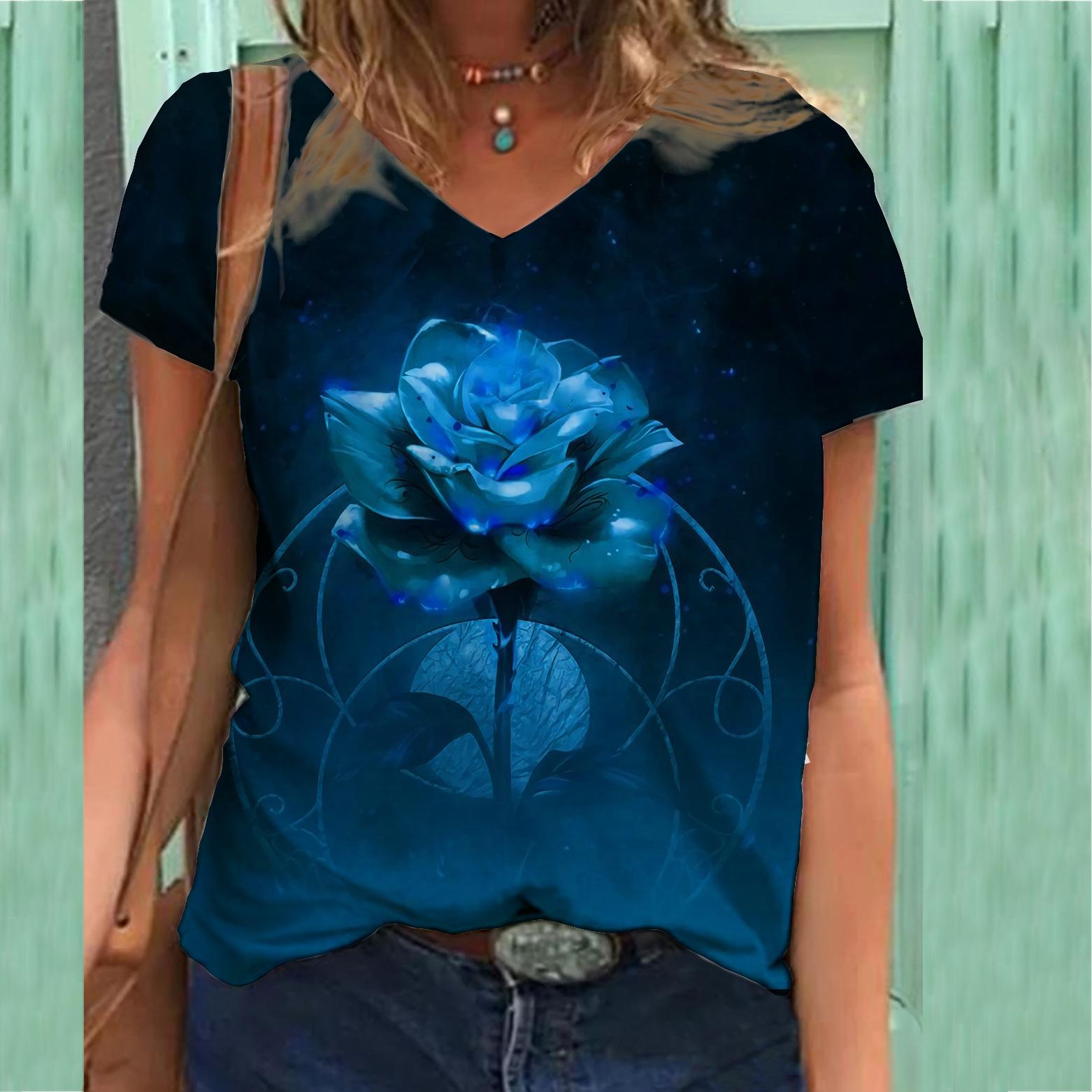 

Футболка с 3D-принтом, V-образный вырез, женская футболка с короткими рукавами, топ с цветочным принтом 3XL