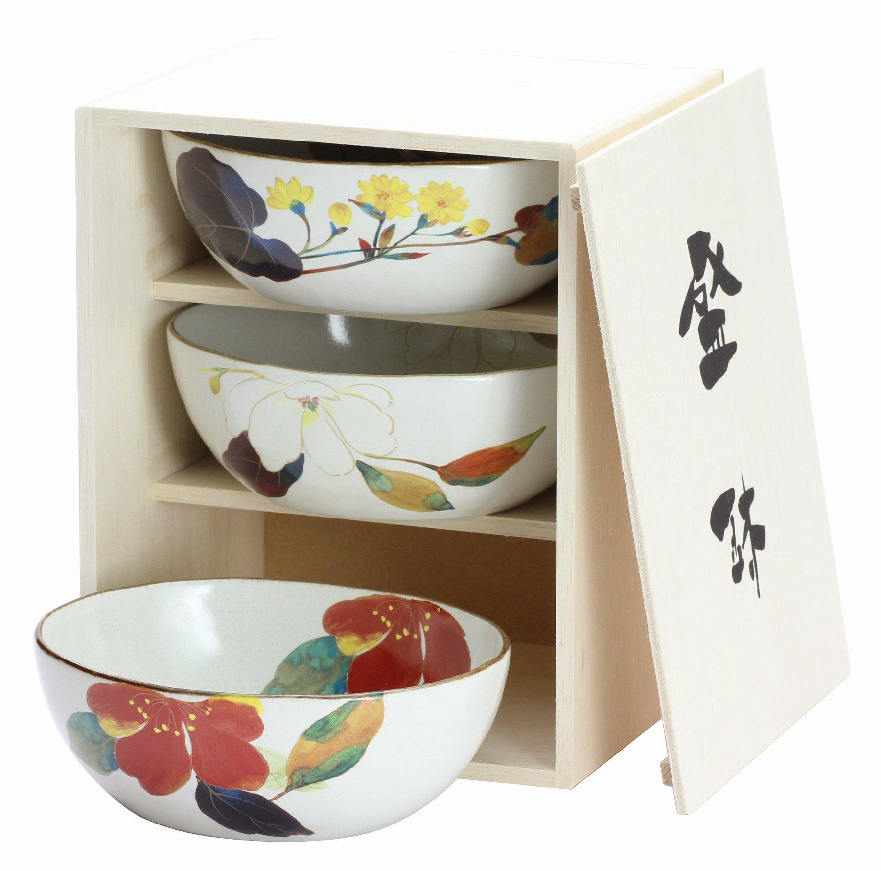 

Ceramic Indigo Flower Kairo Trio Bowl with 3 Types of Flowers, Size: Approx. W16 D14 H5.7 02509