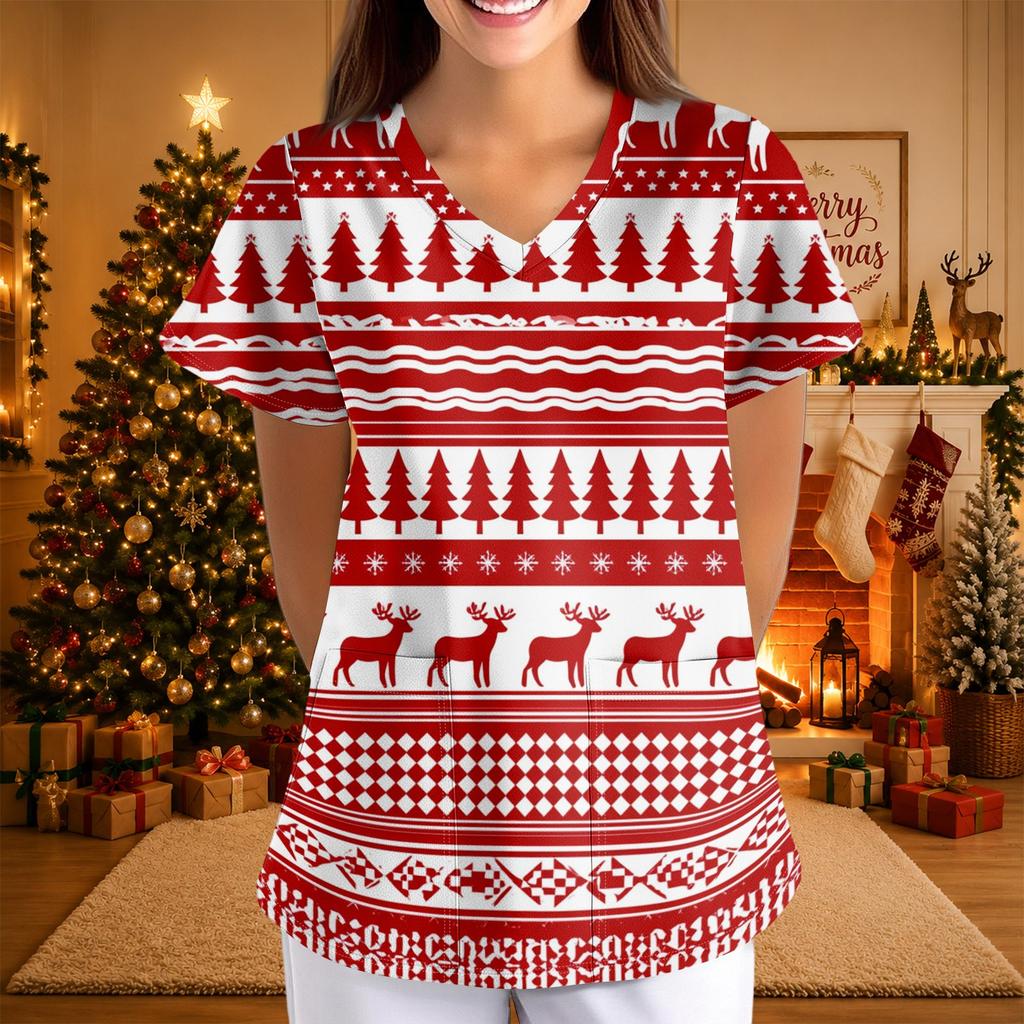Damen Casual 3/4 Ärmel Hals Christmas Print Oberteil für Weihnachtsfeiern