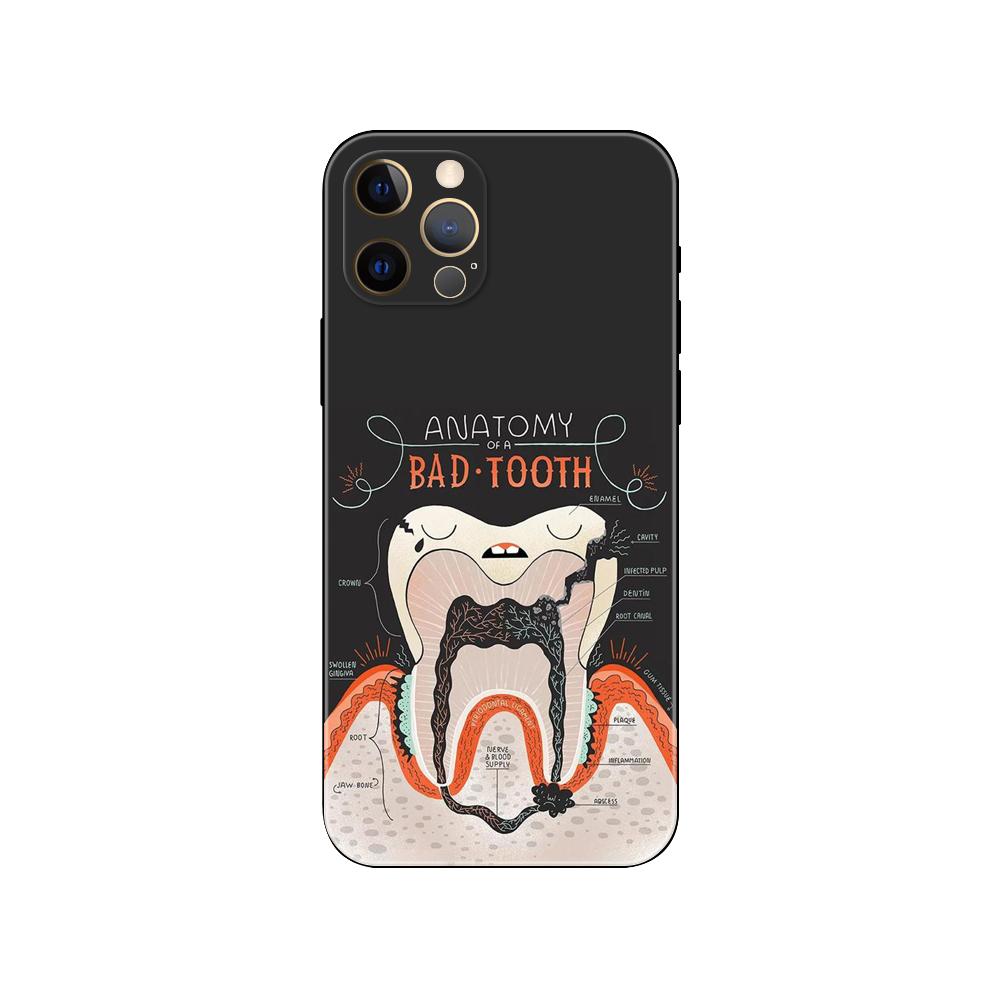 Cute Cartoon Dentist Tooth Phone Case for Iphone 5 5s 2020se 6 6s 7 8 Plus X 10 XR XS 11 12 13 Mini Pro MAX Black Tpu Back Cover