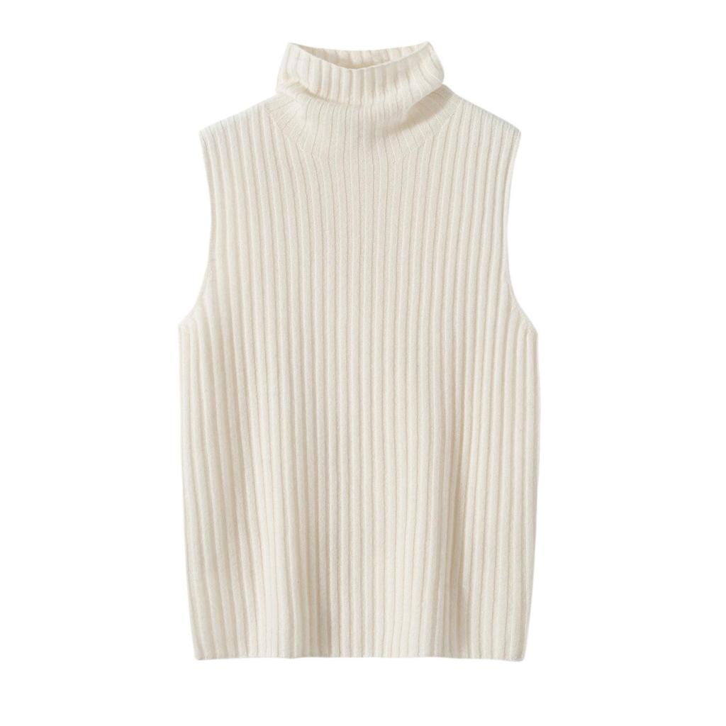 Women's 100% Pure Cashmere Striped Sleeveless Slim-Fit Turtleneck Vest