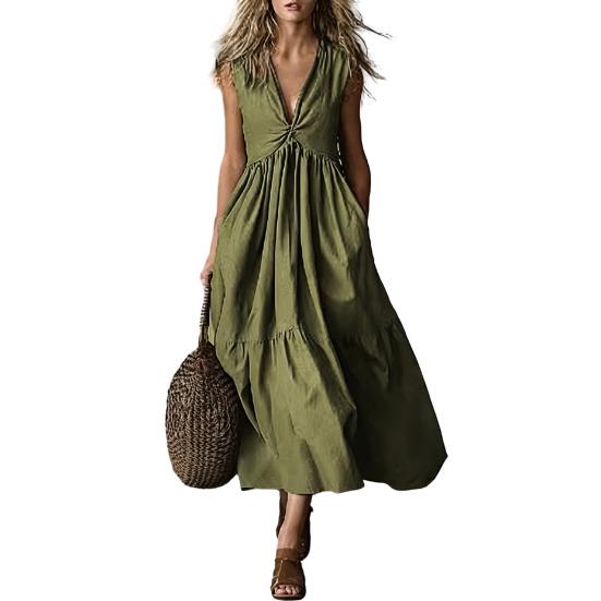 Summer Sleeveless Maxi Dress for Women Deep V Neck Swing A-line Ruffle M зелёный