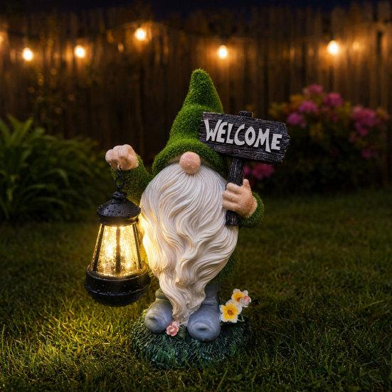Luce Solare da Giardino Gnomo, Statua di Gnomo da Esterno con Lanterna, Lampada Solare Impermeabile a Forma di Gnomo per Cortile, Patio, Prato, Terrazza