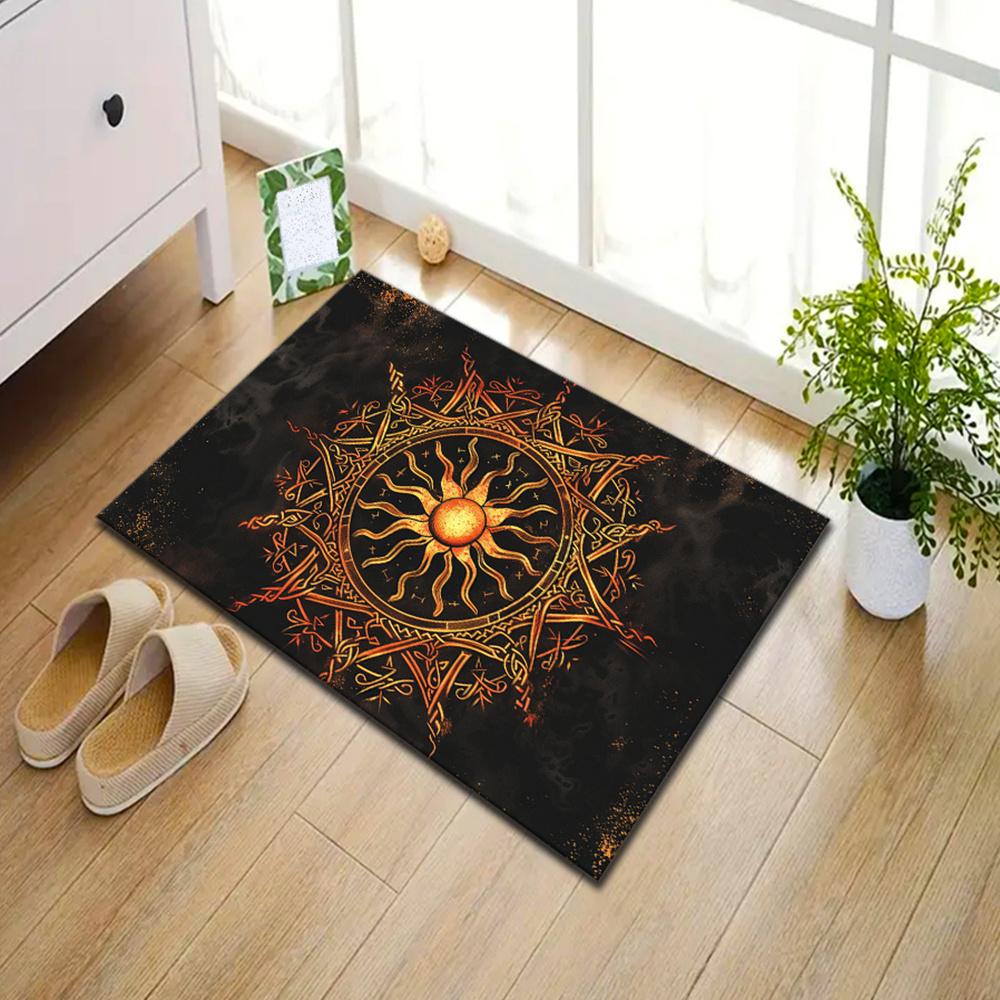 Large Sun Motif Area Rug - Durable  Crystal Velvet Polyester Carpet with Intricate Golden Sun Design for Living Room,