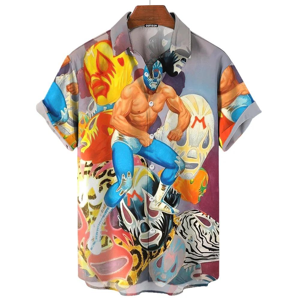 Camisa Vintage para Hombre 3D Lucha Libre Mexicana Estampada Ropa de Alta Calidad para Hombre Holgada Oversize Moda Casual Manga Corta