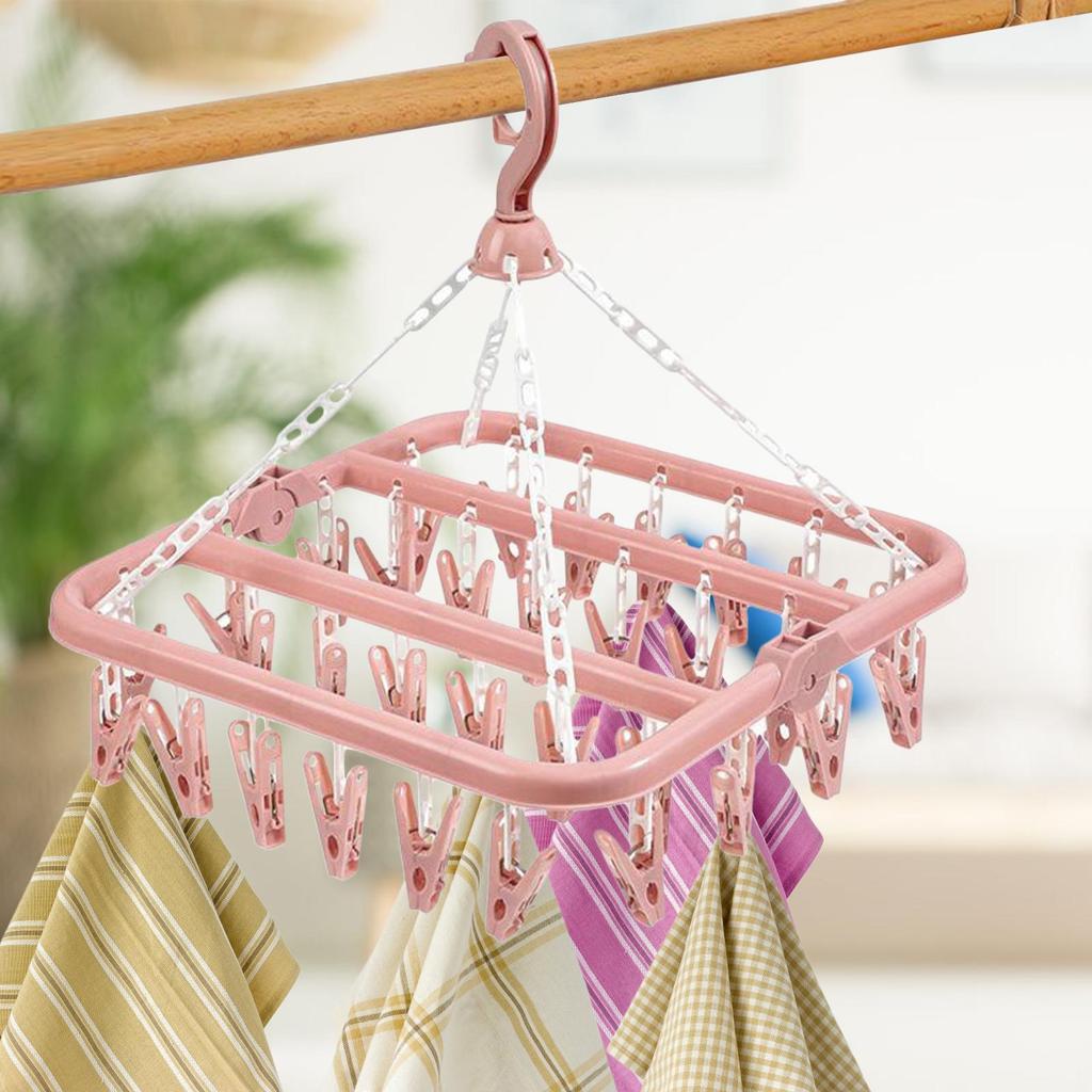 Foldable Drip Hanger with 32 Clips - Plastic Hanging Drying Rack for Clothes Underwear Socks  Swivel Wind-Proof Clothes Hanger