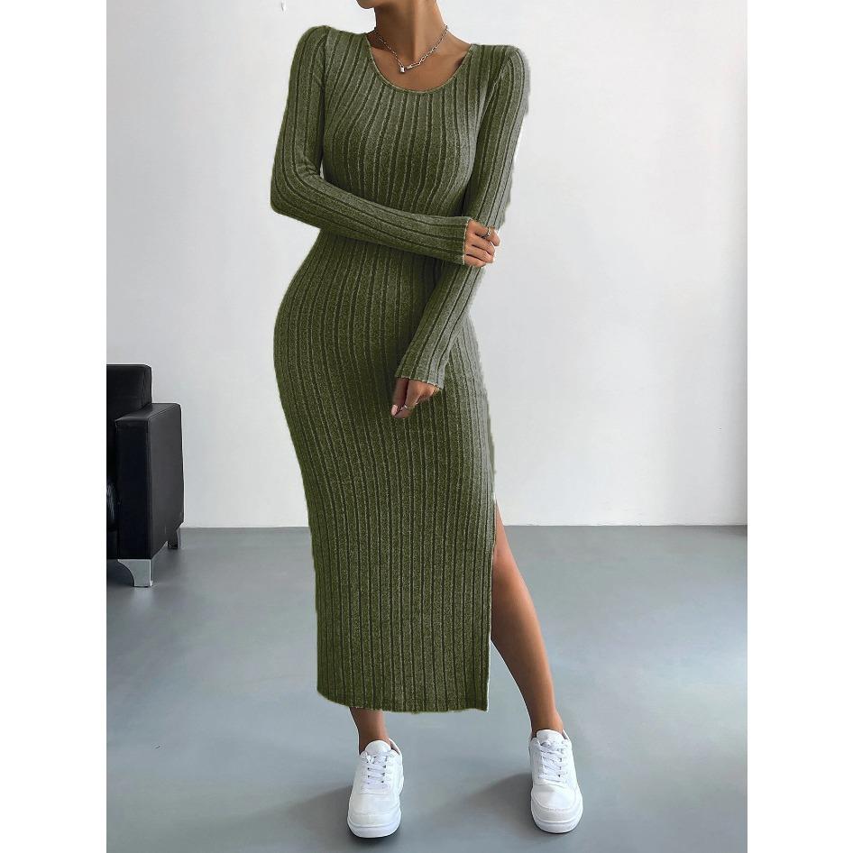 GMXIA Autumn Winter Long Sleeve O-Neck Open Fork Knitted Long Dress for Women