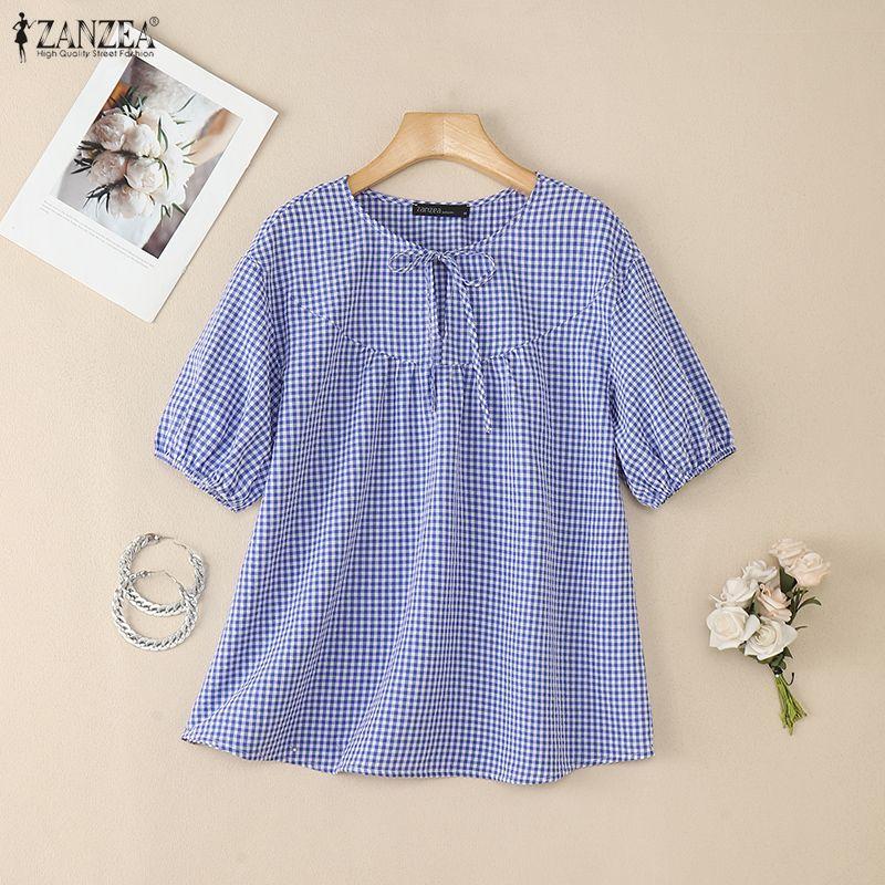 ZANZEA Women Plaid Print Casual Round Neck Half Sleeve Blouse