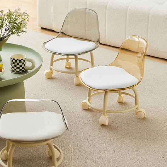 Acrylic Low Stool with 360 Degrees Swivel Wheels Faux Leather Cushion Roller Seat with Backrest Heavy Duty Rotating Mini Chair Seating Stool