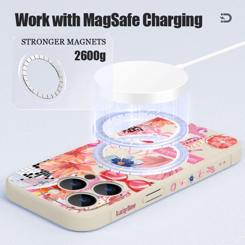 Pink Cartoon Floral Pattern Case For iPhone 17 Pro Max Magnetic For Magsafe Silicone Cover For iPhone 16 Pro Max Funda iPhone 15 14 13 12 11 16E Air