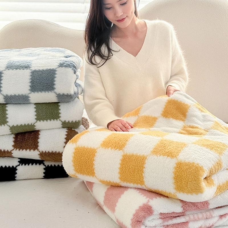 Thick Corals Fleece Grid Blanket Warm Throw for Home Travel Sturdy Machine Washable Polyester