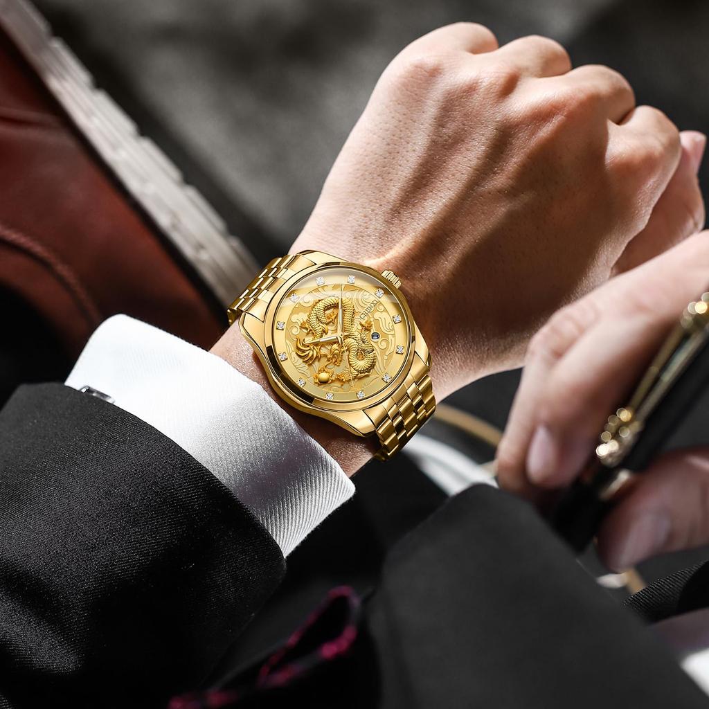 Men's Stainless Steel Dragon Watch In Gold: Luminous Analogue Watch with Calendar, Dragon Design, Antique Quartz Movement, 3ATM Water Resistance,