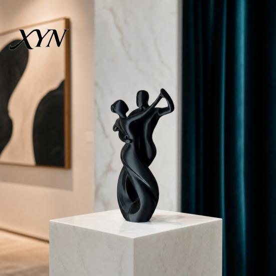 Light Luxury Decorative Statue 3D Printing Art Ornament, Matte Black Dancing Couple Model, Abstract Tango Dust-proof Dance Statue, with Stable