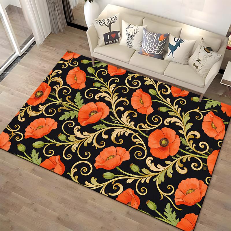 Floral Carpet with Red Poppies, Green Leaves, Black and Gold Design Suitable for use as an anti-slip for living room bedroom sofas