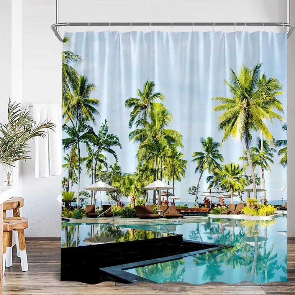 Sprchový závěs na pláž Pobřežní krajina Kokosová palma Moře Letní dovolená Dekorace koupelny Svátky Polyesterový koupelnový závěs s háčky