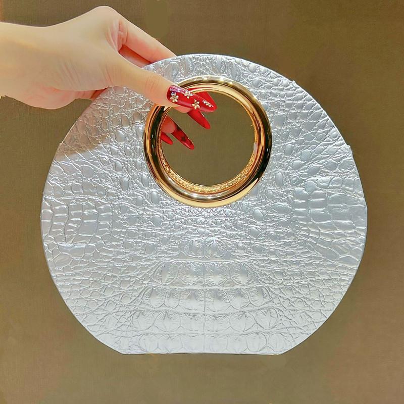 

2025 Luxury Design Crocodile Pattern Leather Evening Clutch Bag Women Metal Ring Handle Handbags High End Party Shoulder Bag