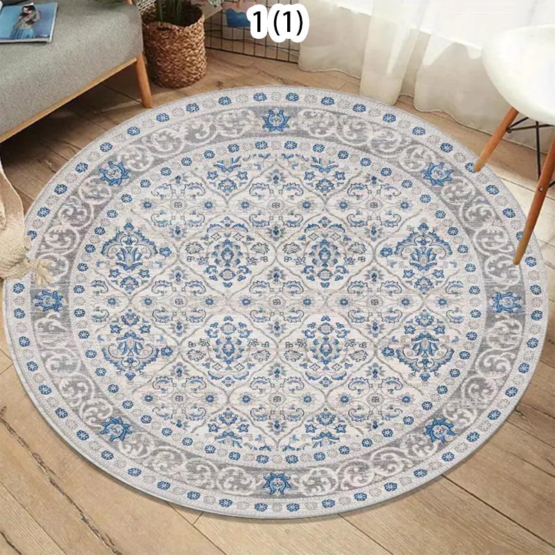 Tapis Rond Bohème Antidérapant Rétro Bleu Blanc Design Treillis Marocain Tapis Antidérapant Lavable pour Salon Chambre Pièce 80X80CM