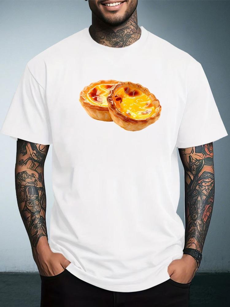 Unisex Summer White Short Sleeve Tee Realistic Egg Tarts Food Graphic Print Crew Neck Loose Daily Casual Male Streetwear Tops
