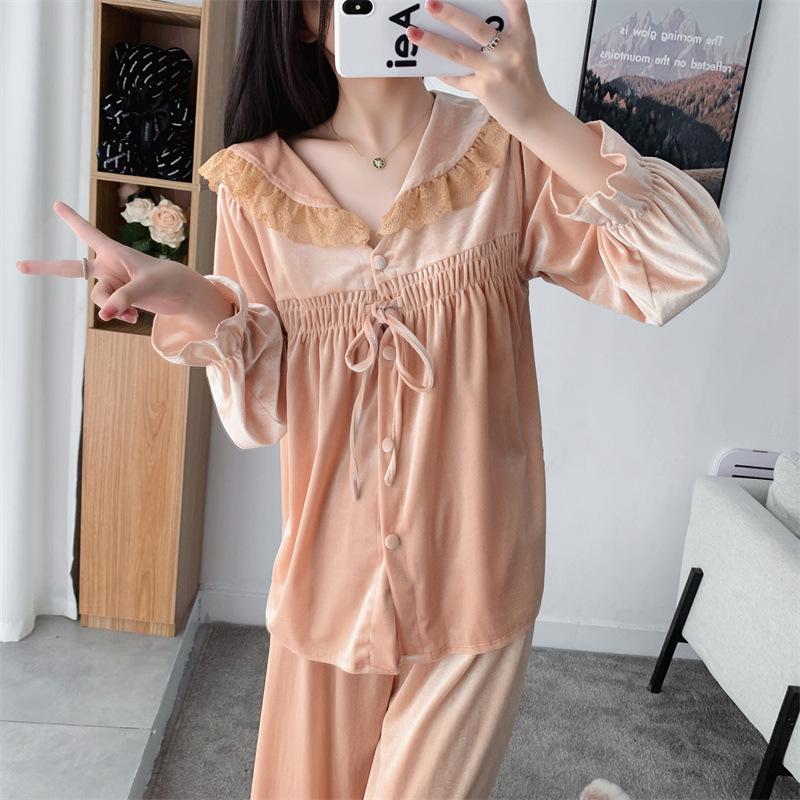 Velvet Lapel Long Sleeved Cardigan Pants Pajama Set Loose Fitting Casual Home Wear Women's Sexy Lace Edge Sleepwear Loungewear