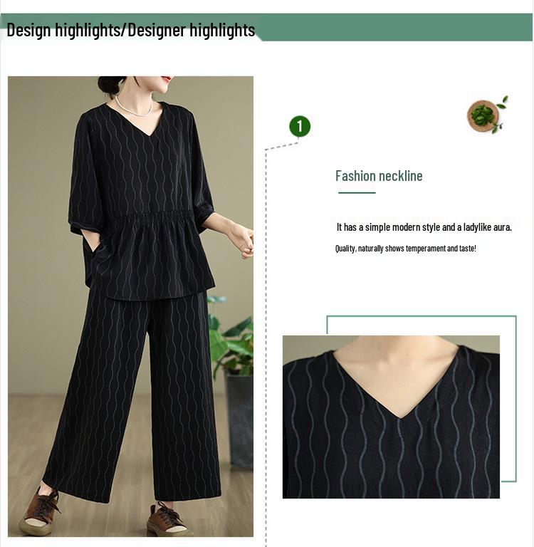 Real Shot 2025: Chic Slimming Plus-Size Summer Two-Piece Set with Light Mature Style and Wide-Leg Pants