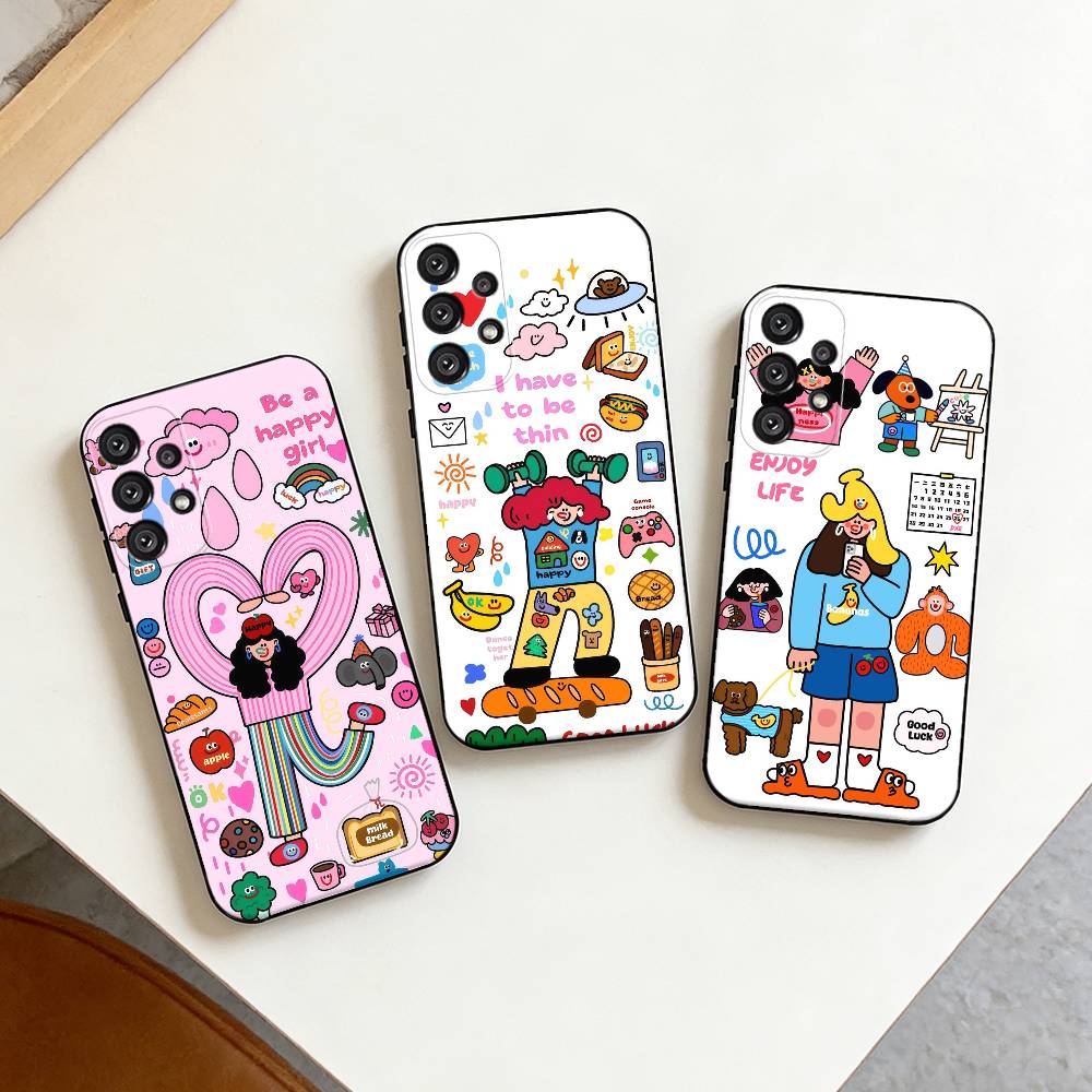 Ins Korean funny and happy girl Phone Case For Samsung S25,S24,S21,S22,S23,S30,Ultra,S20,Plus,Fe,Note,10,9,5G Black Cover