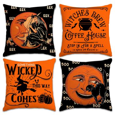 1 Stück Orange Kissenbezug mit Mondhexe Muster Weicher Gemütlicher Bezug für Halloween-Mottoparty für Wohnzimmer-Sofadekoration