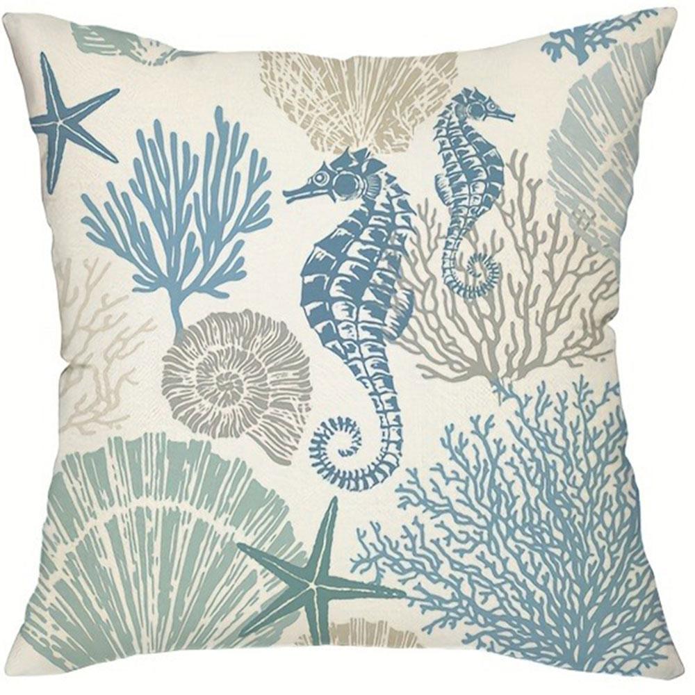 Marine Life Theme Cushion Cover Starfish Turtle Pattern Living Room Sofa Zipper Closure Pillowcase Does Not Include Pillow Core