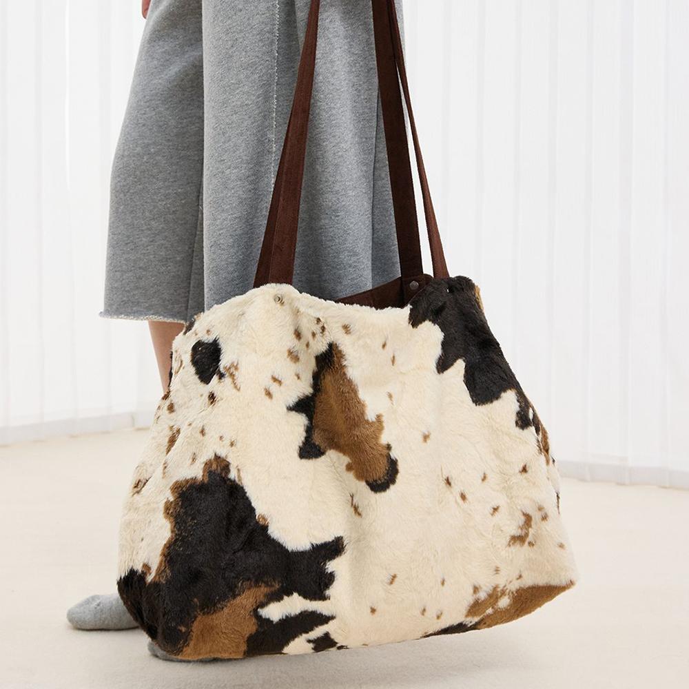 Damen Kuhmuster Plüsch-Tragetasche Große Kapazität Kunstpelz Schulter-Handtasche Modischer Weicher Shopper