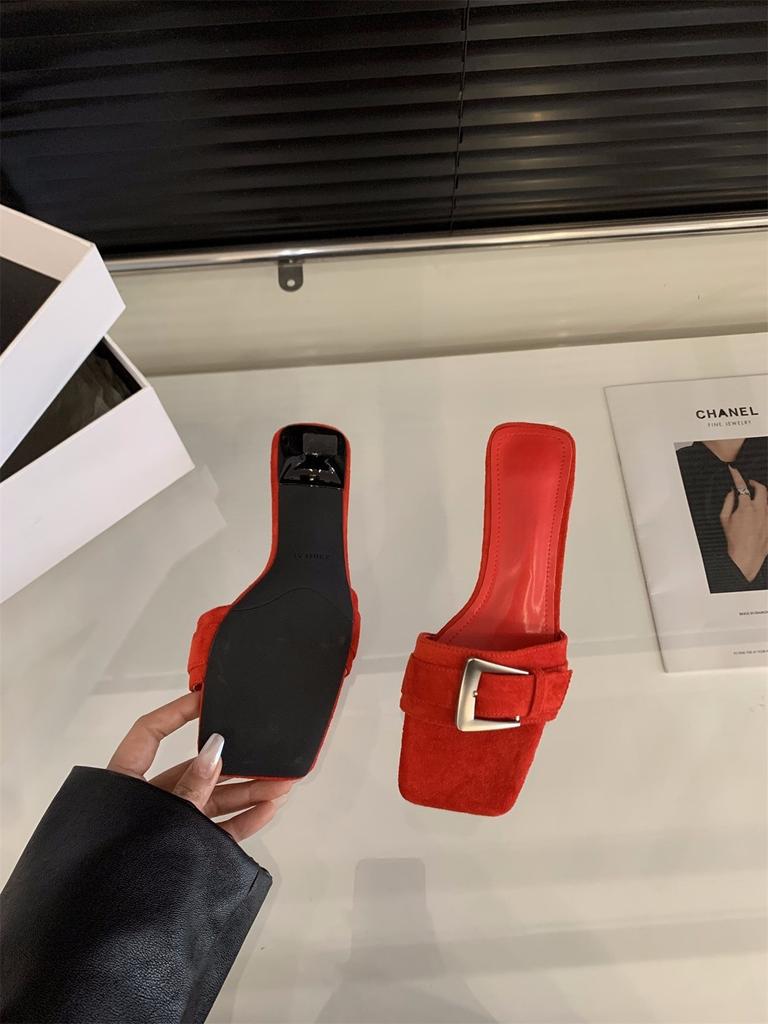 Small heels, high heels, red one-word slippers, women's shoes, temperament sandals