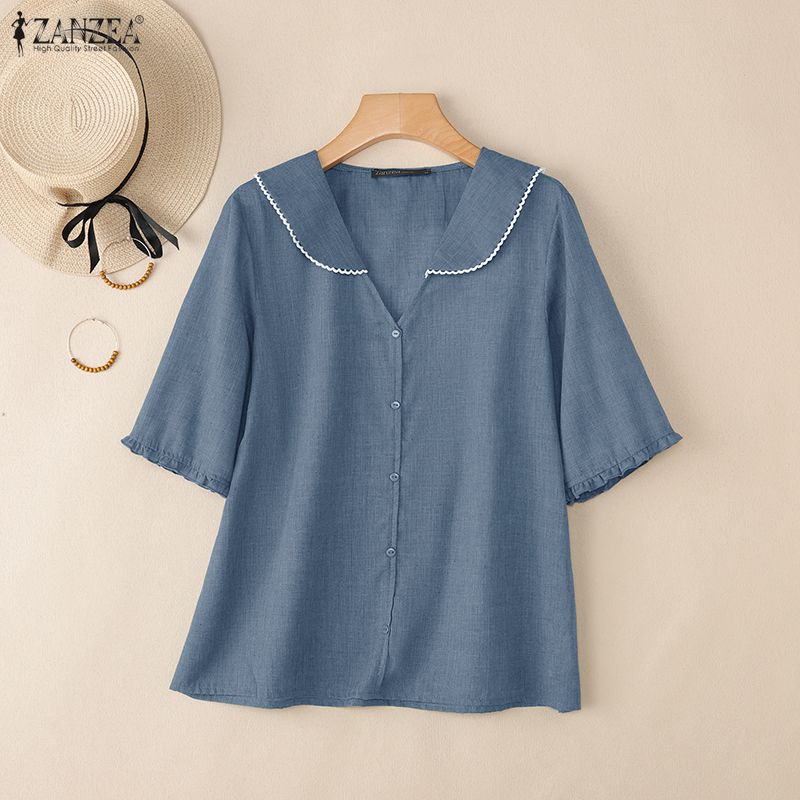 ZANZEA Damen Lässig V-Ausschnitt Locker Sommer Halbarm Bluse