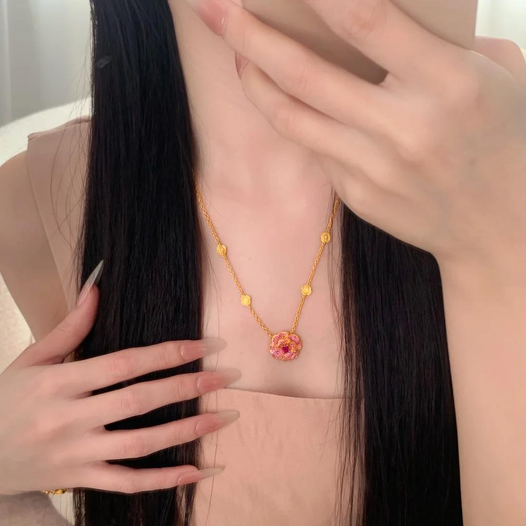 New Chinese Style Red Peony Necklace Real Gold Electroplating Light Luxury High-End Sense Red Corundum Rose Pendant Female