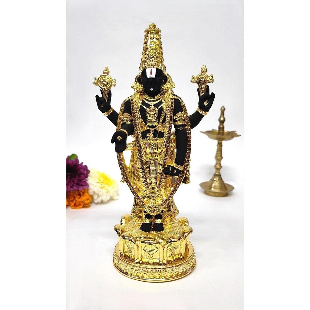 Lord Tirupati Balaji Gold Plated Black Terracotta Idol for Car Dashboard | Vishnu Ji Idol for Office Desk | Venkateswara Swamy Murti for Home |